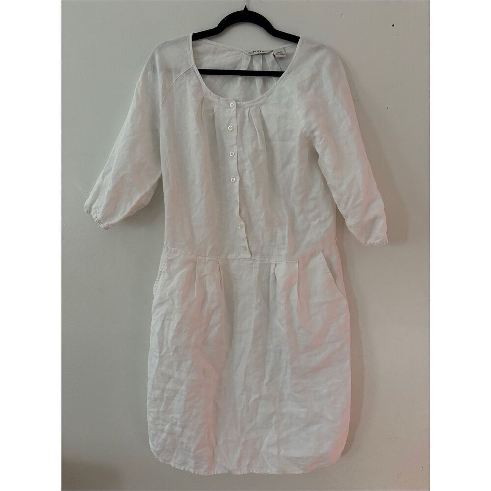 Orvis White 100% Linen Button-Front Midi Dress Size Small